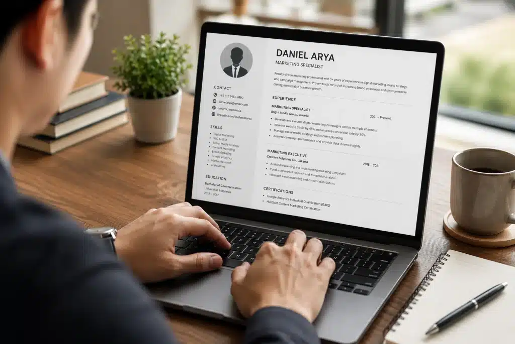 Fresh graduate menyusun CV lamaran kerja di laptop untuk cepat dapat kerja