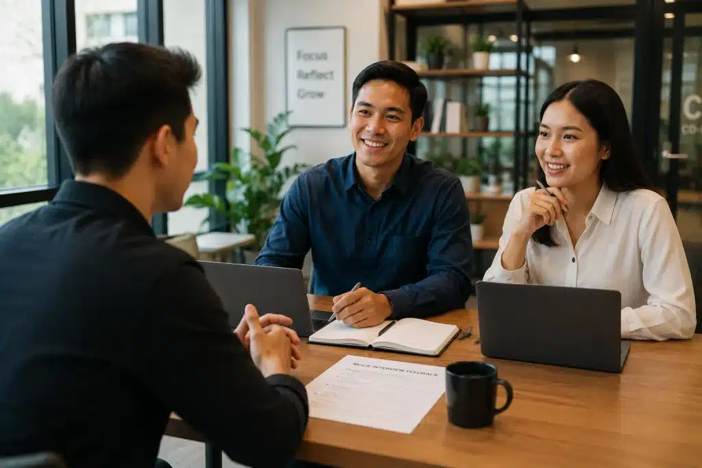 Fresh graduate berlatih simulasi interview kerja bersama teman di co-working space