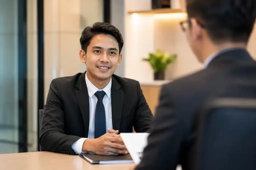 Fresh graduate sedang interview kerja dengan percaya diri di kantor modern