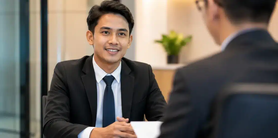 Fresh graduate sedang interview kerja dengan percaya diri di kantor modern