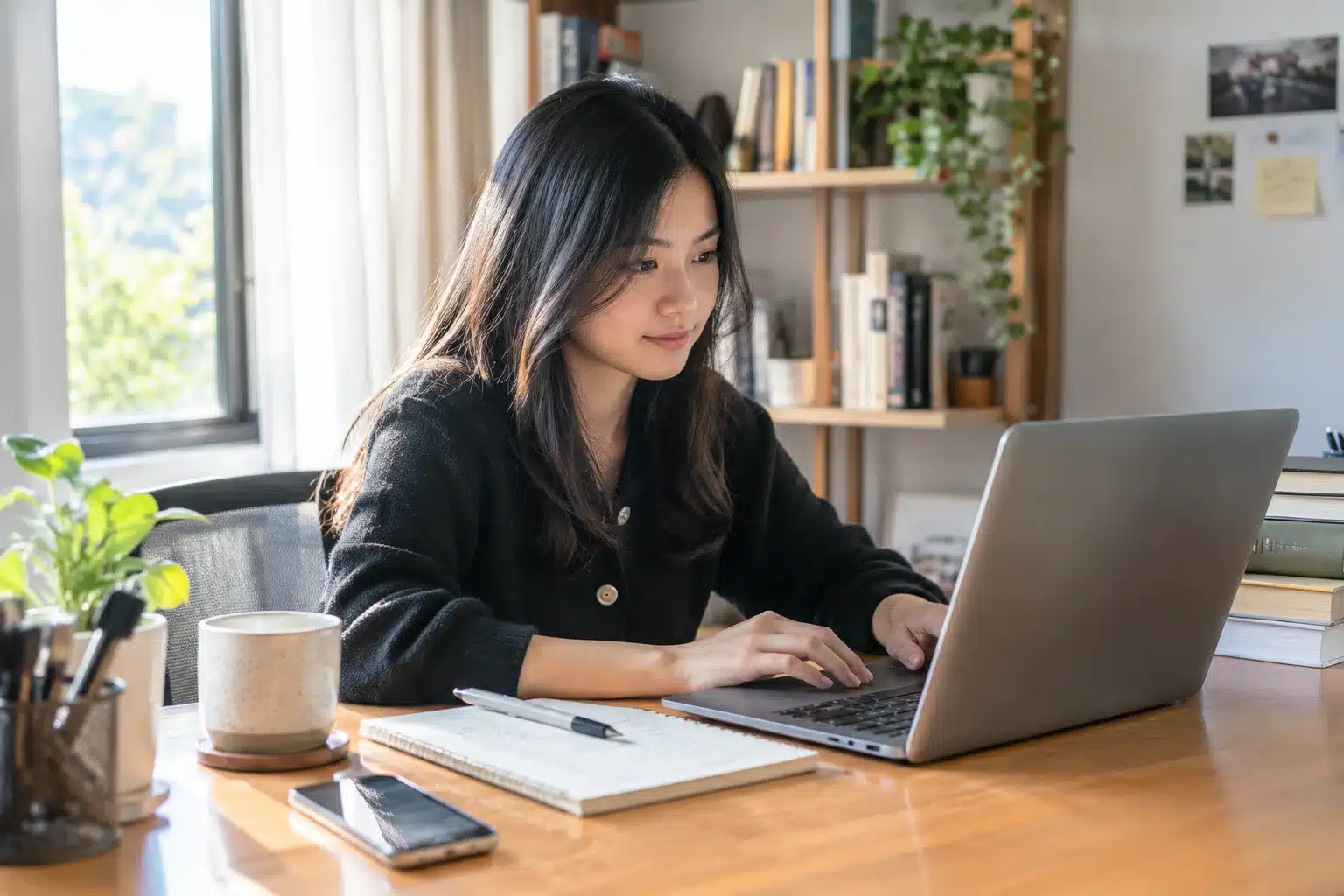 Fresh graduate menyusun CV lamaran kerja pertama di laptop