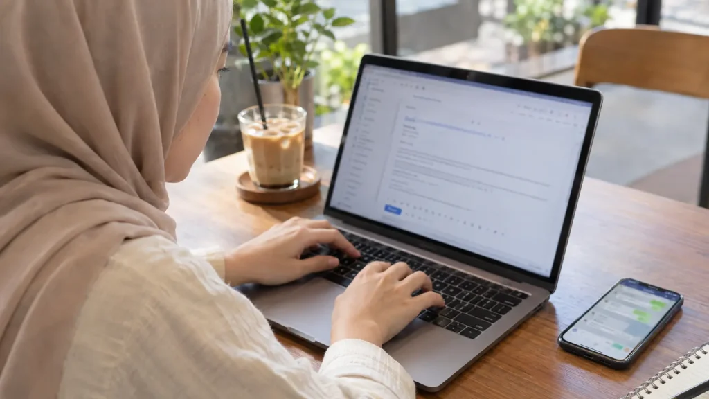 Menulis email penolakan tawaran kerja kepada HRD melalui laptop